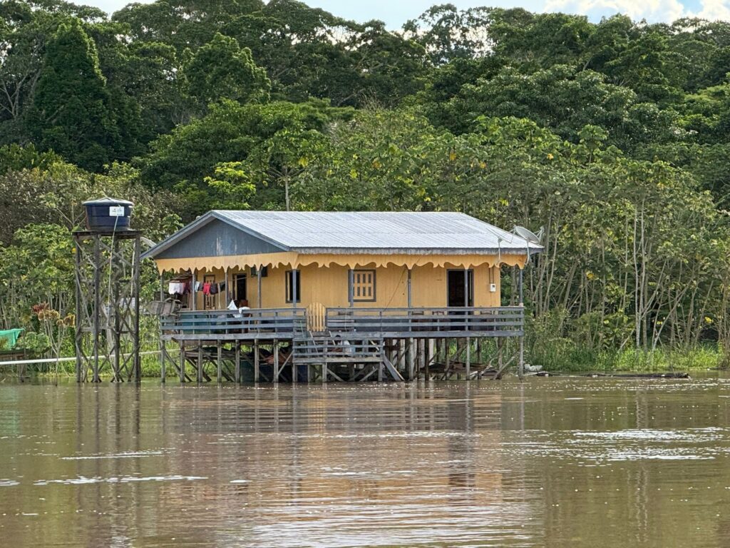 A wooden house on stilts beside the flooded forest on an Amazon river